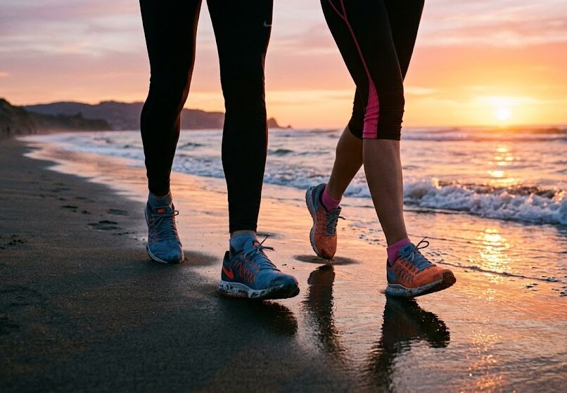 夕暮れの美しい海岸沿いを、お揃いのランニングシューズを履いた男女の足元が、並んで前方に一歩を踏み出しているエモーショナルな写真。