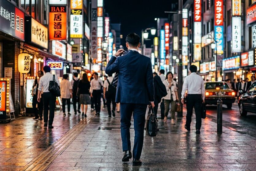 仕事を終え、ネクタイを少し緩めて夜の街へと歩き出す清潔感のあるスーツ姿の男性の後ろ姿。街のネオンが綺麗に輝いている写真。