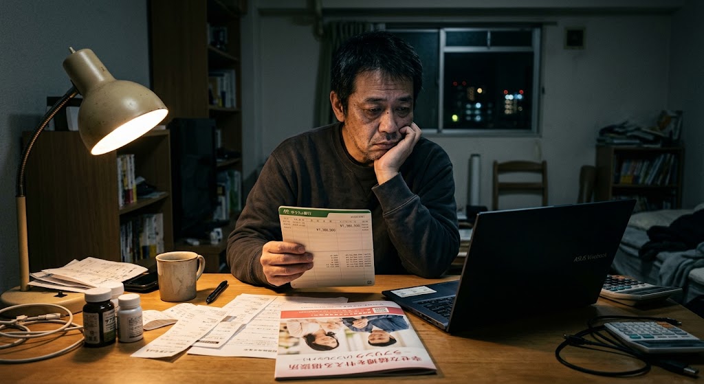 夜の自室のデスクで、暗い表情のまま通帳とノートパソコンを見つめている40代男性。机の上には結婚相談所のパンフレットが置かれているリアルな日常のワンシーン。