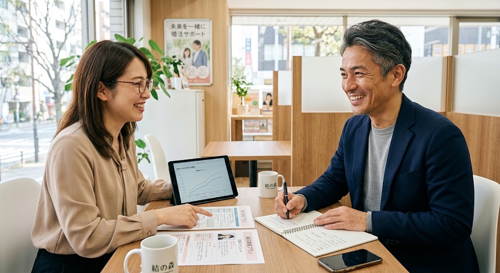 明るい相談所のブースで、40代男性が笑顔でメモを取りながら、目の前のアドバイザーと前向きに戦略を話し合っている写真。大人の余裕と積極性を感じさせる構図。