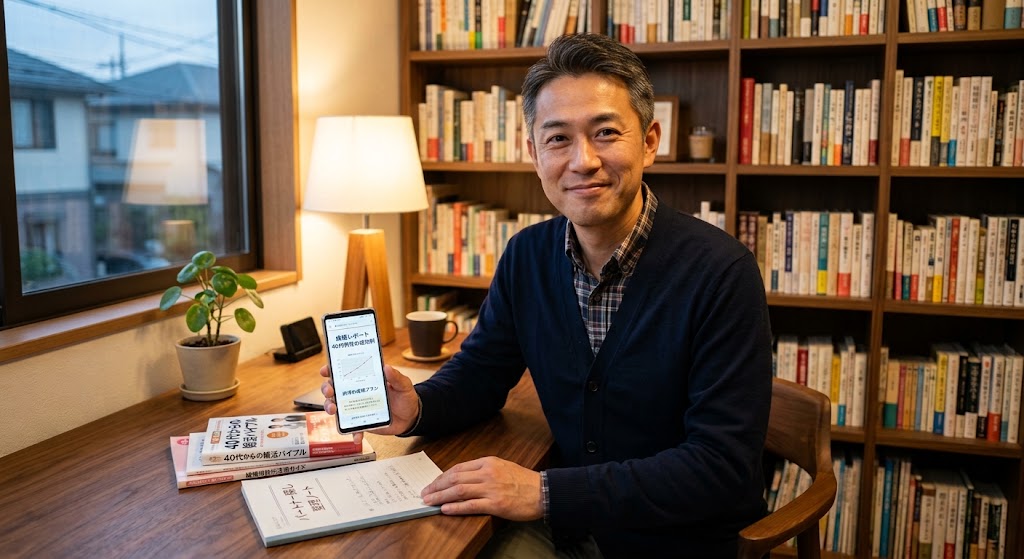 落ち着いた書斎で、数冊の婚活関連の資料を整理し、スマートフォンの画面を見ながら納得した表情で前を見据えている40代男性の写真。