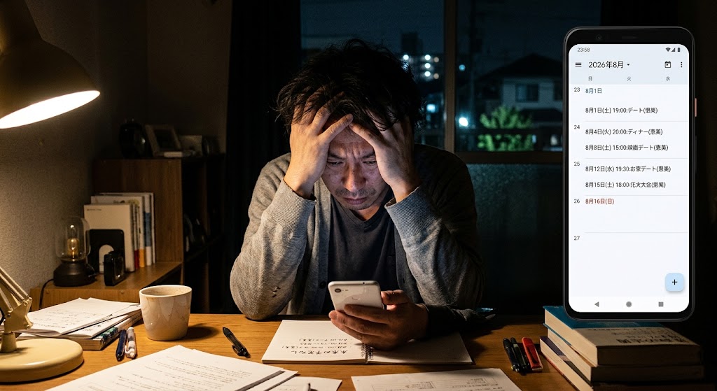 夜の部屋で、スマホのカレンダーを見ながら頭を抱えている40代男性。カレンダーには過去のデートの予定がたくさん入っているが、未来の約束は何もないリアルな様子。