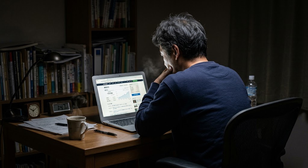 薄暗い部屋で、一人でノートパソコンの画面を見つめながら深くため息をついている40代男性の後ろ姿。画面の光だけが顔を照らしているリアルな心理描写。