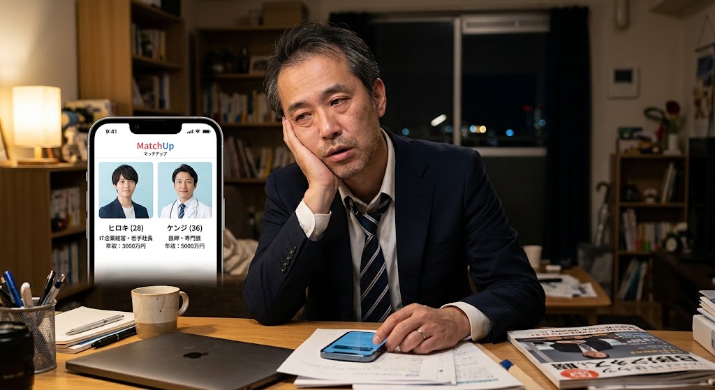 スマホの画面に、年収3000万の若手社長と年収5000万の医師のプロフィールが並び、その横で普通のスーツを着た40代男性がため息をついているイラスト。