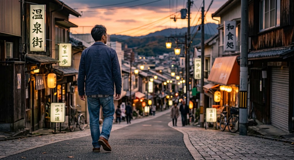 夕暮れの街並みを背景に、少し肩の力を抜いて歩き出す40代男性の自然な後ろ姿。見栄を捨てて、本当に自分に合った場所へ向かう前向きなイメージ。