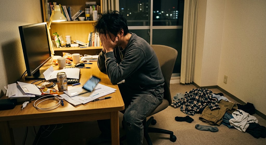 夜の自宅のデスクで、スマートフォンを放り投げて深くため息をついている40代男性。部屋の隅には適当に脱ぎ捨てられた服が落ちており、客観的な視点が欠如しているリアルな生活感を描写。
