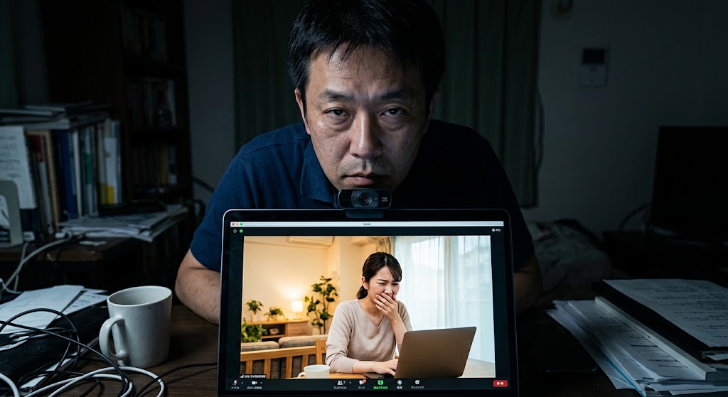 薄暗い部屋で、下からのアングルでパソコンのWebカメラを覗き込んでいる真顔の40代男性のイラスト。画面の向こうの女性がドン引きしている様子を対比させた構図。