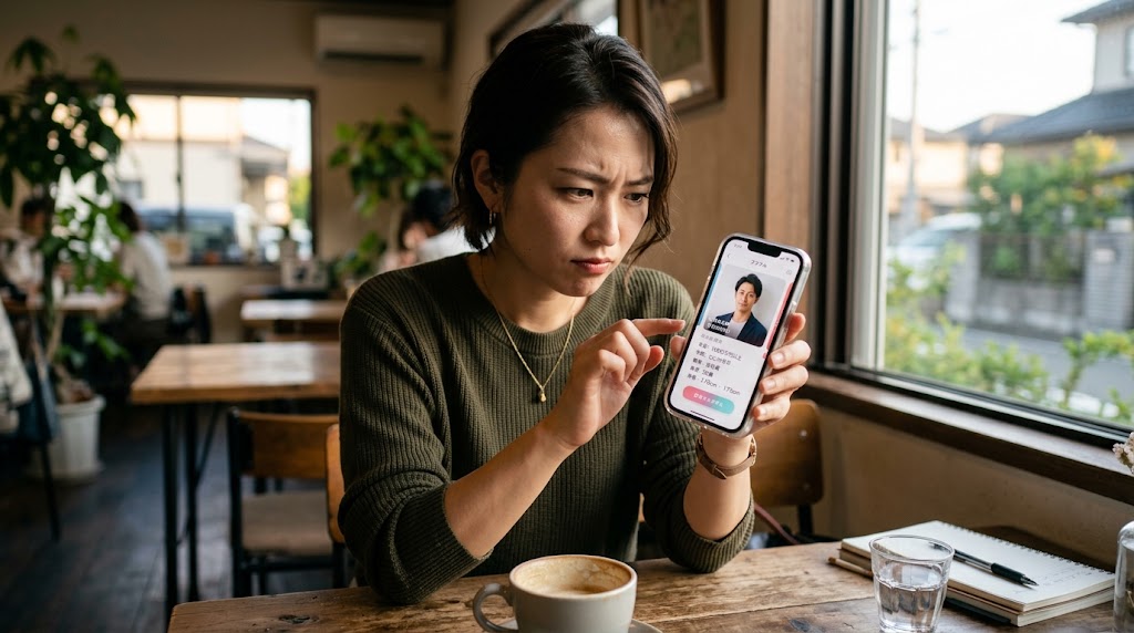 スマートフォンの画面に、年収や学歴の数字が並んだ男性会員のプロフィールカードが表示され、女性がシビアな表情でそれを選別しているイラスト。