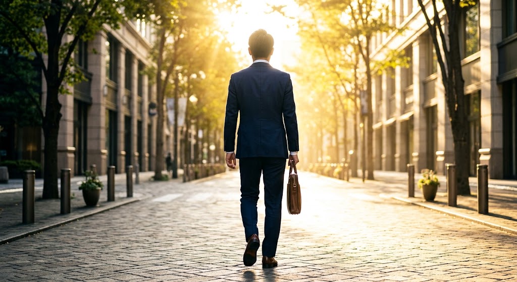朝日が差し込む明るい道を、ビシッとスーツを着こなして前向きに歩き出す40代男性の後ろ姿。ゆるい環境から抜け出して、覚悟を決めた大人の賢い選択を表現するイメージ。