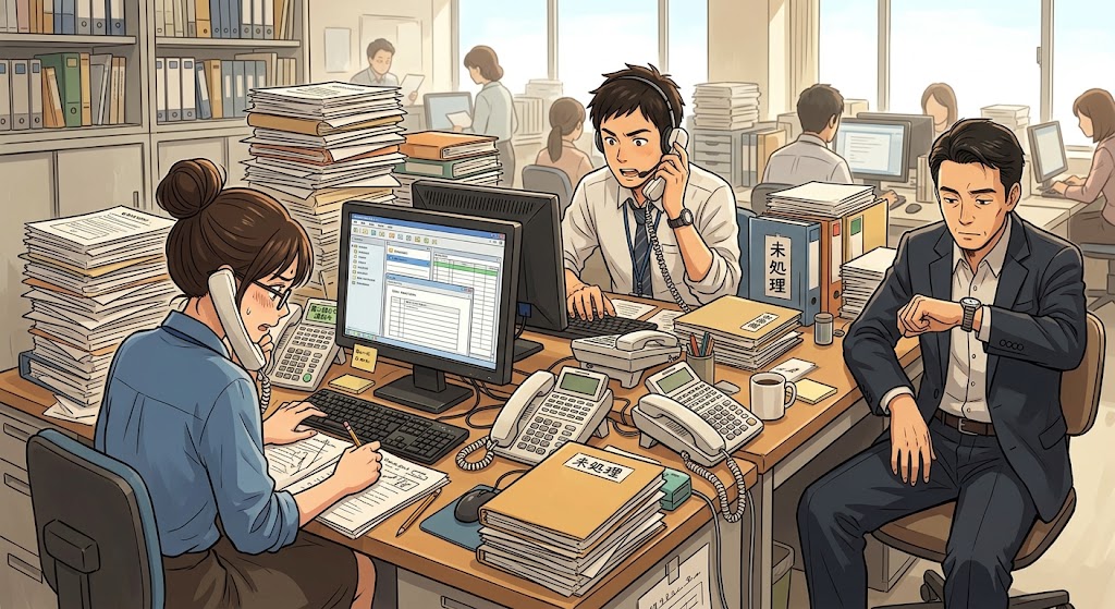 デスクで山積みの書類や電話対応に追われているスタッフのイラスト。その隅で、何もせずに時計を見つめながら待ちぼうけを食らっている男性の姿を対比させた構図。