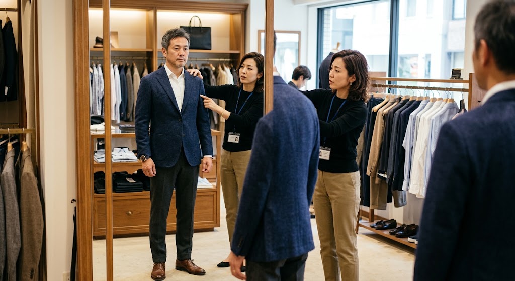 アパレルショップで、プロのスタイリスト（または店員）と一緒に真剣な表情で自分に合うジャケットを選んでいる40代男性の写真。他者の目を入れることの重要性を表現。