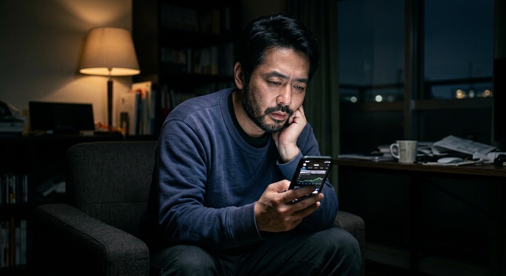 薄暗い部屋で、一人でスマホの画面を見つめながら深くため息をついている40代男性。画面の光だけが顔を照らしているリアルな様子。