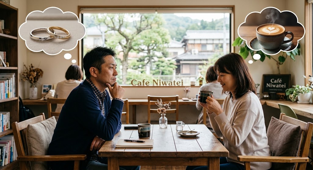 結婚指輪の画像を思い浮かべて真剣な顔をしている男性と、コーヒーカップを思い浮かべてのんびりしている女性が向かい合って座っているイラスト。