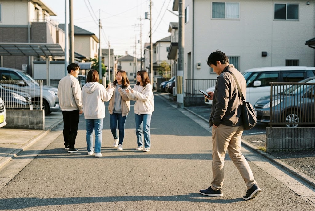 前の方で若い男性と女性たちがワイワイ盛り上がりながら歩いていて、その後ろを40代男性が一人でスマホを見ながら手持ち無沙汰に歩いているイラスト。
