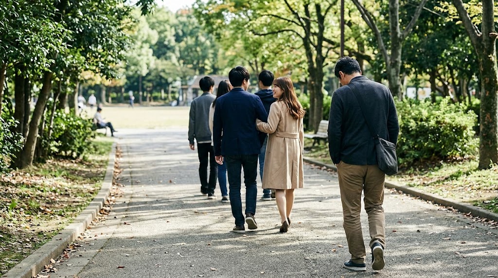 公園の道を歩くグループの中で、前を歩く男女が笑顔で話している様子を、後ろから寂しそうに見つめている40代男性の後ろ姿。