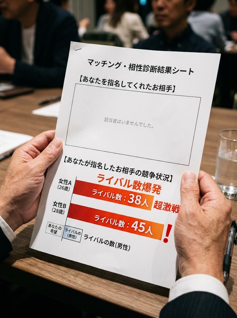 手に持った紙(相性診断シート)の自分を指名してくれた人の欄が完全に空欄になっており、自分が指名した女性のライバル数が爆発している絶望的なグラフを強調したイラスト。