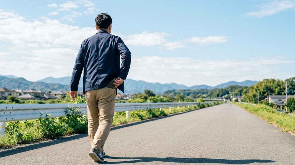 青空の下、スマホをポケットにしまって前をしっかりと見据えながら歩き出す40代男性の後ろ姿。待ちの姿勢を捨てて、自分で行動を起こす決意を感じさせるイメージ。