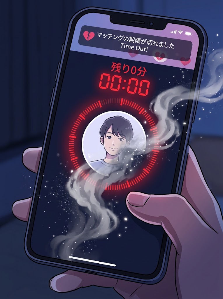スマホの画面に表示されたマッチング相手のアイコンの周りで、24時間のタイマーが赤く点滅して残り0分になり、そのまま煙のように相手が消えてしまう様子を描いたイラスト。