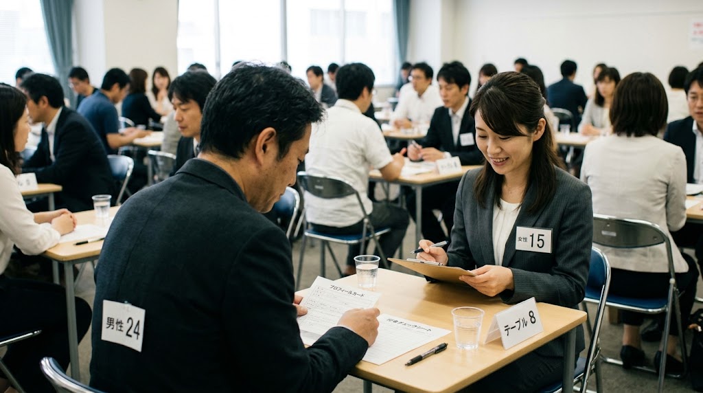 婚活パーティーの席で、お互いに全く目が合っておらず、作り笑いでとりあえず会話のキャッチボールだけをしている気まずい男女の様子。男性の背中には哀愁が漂っている。
