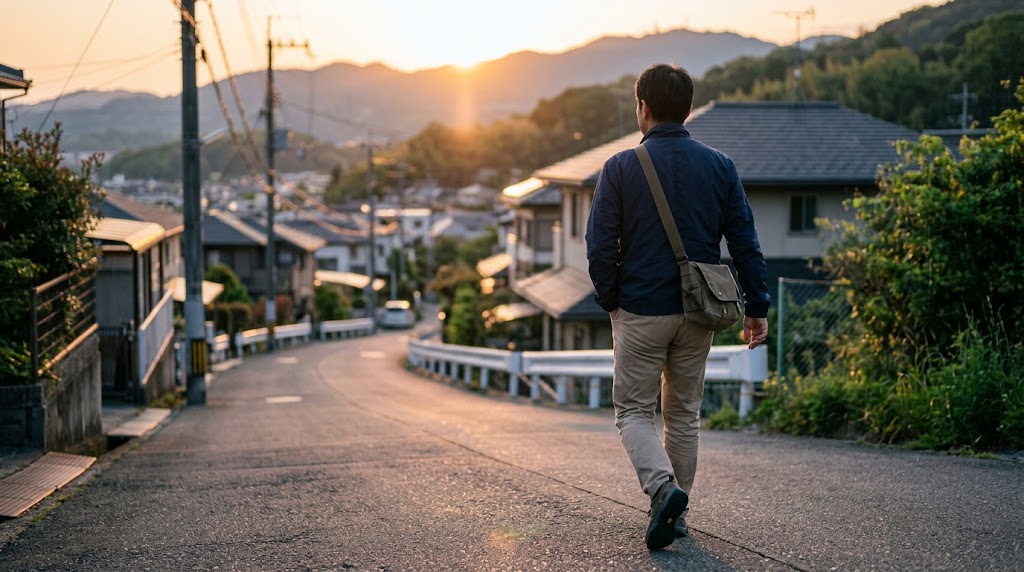 夕暮れの街並みを背景に、少し肩の力を抜いて歩き出す40代男性の自然な後ろ姿。運任せの出会いを捨てて、本当に自分に合った場所へ向かう前向きなイメージ。
